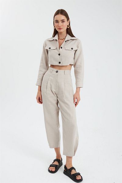 NOK İSTANBUL Cool Mode Beige Color 100% Linen Trousers