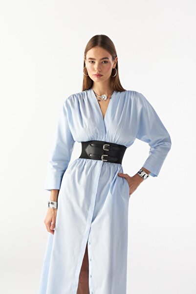 NOK İSTANBUL NOK LUCKY SERİSİ KORSAJLI MAXİ BOY POPLİN ELBİSE Açık Mavi