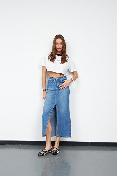 NOK İSTANBUL Cindy Yırtmaç Detaylı Maxi Boy Denim Etek DARK BLUE