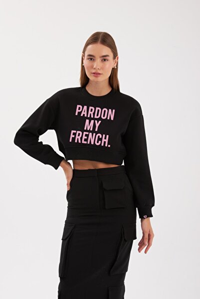 NOK İSTANBUL Pardon My French Sloganlı Crop Sweatshirt Siyah
