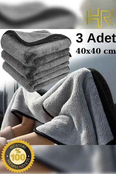 HR PAK 3 Adet Mikrofiber Leke Bırakmaz Araç Yıkama Kurulama Oto Cam Temizlik Bezi 40x40cm Gri