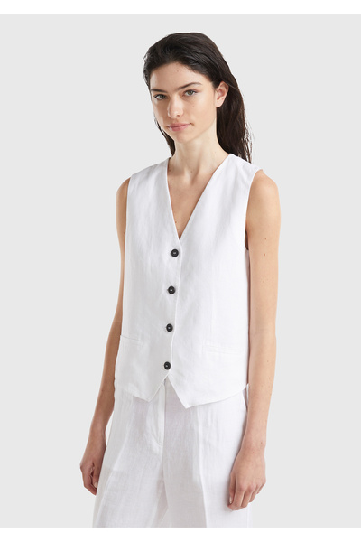 United Colors of Benetton Kadın Beyaz %100 Keten Önü Düğme İliklemeli V Yaka ...