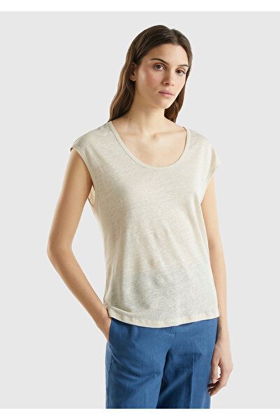 United Colors of Benetton Μπεζ λινό αμάνικο μπλουζάκι - Άνετη εφαρμογή, φαρδι...