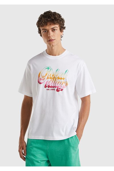 United Colors of Benetton Бяла мъжка тениска с графичен принт от 100% памук - кръгла яка