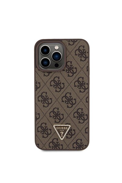 Guess iPhone 15 Pro Max Uyumlu Kılıf Guess Lisans PU Deri Taşlı Üçgen Logo 4G Desen Strass Kahverengi