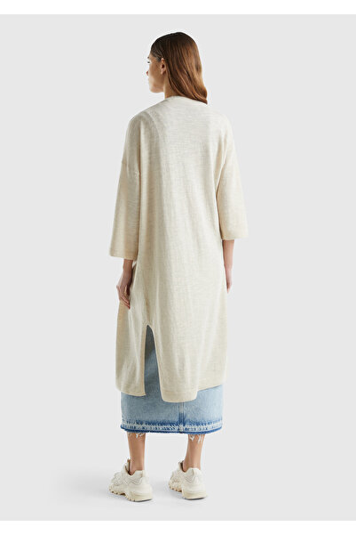 United Colors of Benetton Vanilla Colored Cotton and Linen Blend - Slit Long Women's Cardigan