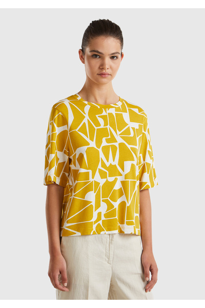 United Colors of Benetton Tricou de damă, galben, din bumbac, în amestec de i...