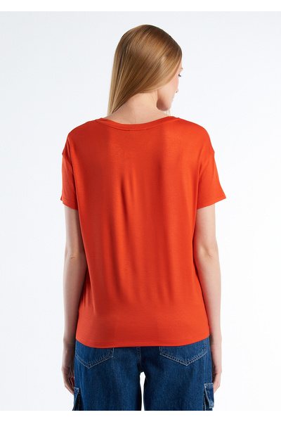 United Colors of Benetton Red Viscose Women's Basic T-Shirt - Wide V-Neck