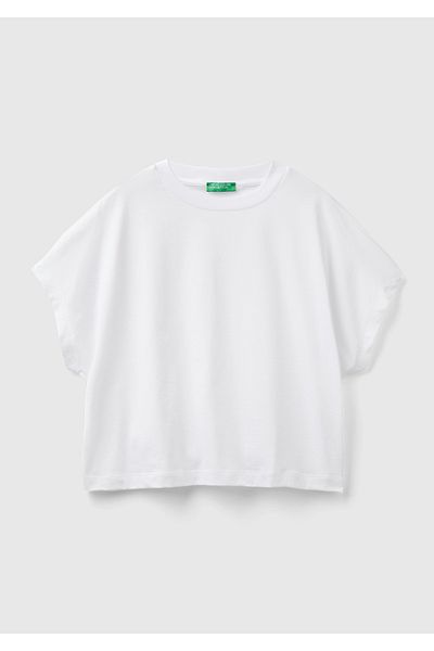 United Colors of Benetton Дамска тениска с кръгло деколте, бял ръкав кимоно, 100% памук