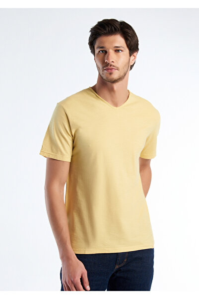 United Colors of Benetton Ανδρικό μπλουζάκι Slub ανοιχτό κίτρινο - V λαιμόκοψη