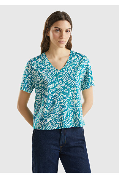 United Colors of Benetton Tricou de damă 100% bumbac cu model verde - decolte...