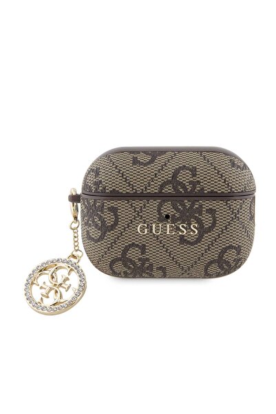 Guess Airpods Pro 2 Uyumlu Kılıf Guess  Lisanslı 4G Desenli Taşlı 4G Süs Zincirli Kahverengi