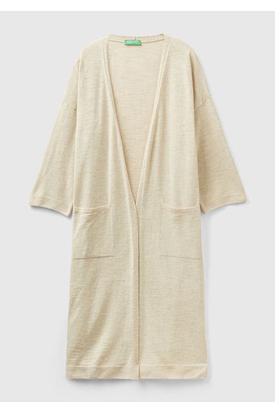 United Colors of Benetton Amestec de bumbac și in de culoare vanilie - Cardigan lung pentru femei cu fante