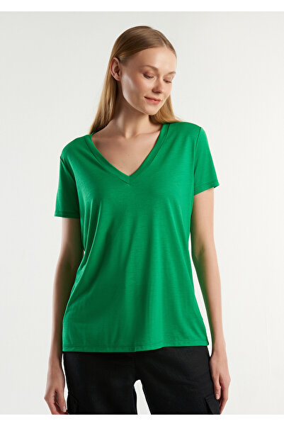 United Colors of Benetton Green V-neck 100% Liyosel Women's T-shirt