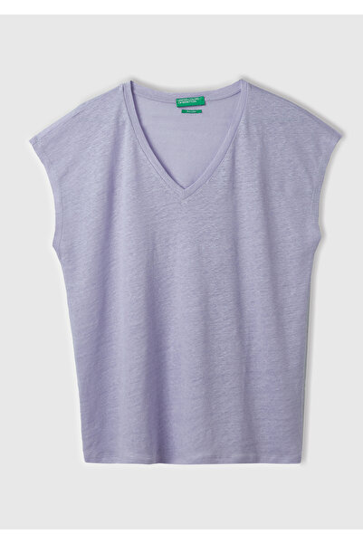 United Colors of Benetton Lilac Linen Women's T-shirt - Comfortable Fit, Deep V-neck, Sleeveless