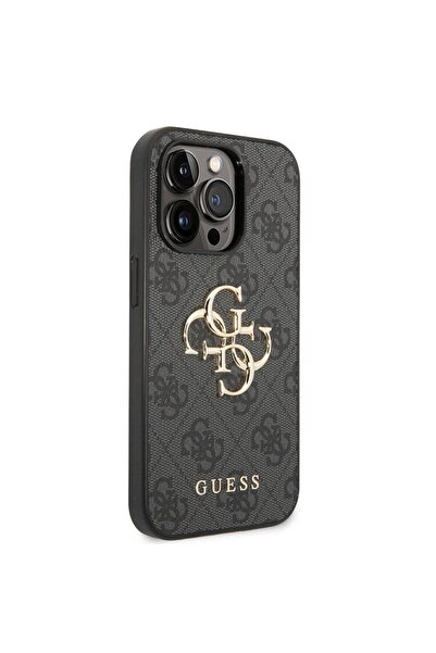Guess iPhone 15 Pro Max Compatible Case Guess Licensed Pu Leather Text and 4g Metal Logo Patterned Gray