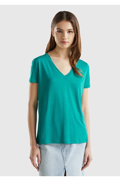 United Colors of Benetton Γυναικείο T-Shirt Petrol Green V-Neck Liyosel - 100%