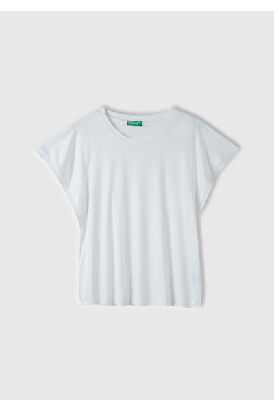 United Colors of Benetton Γυναικείο μπλουζάκι με λευκό βισκόζη μανίκια με φαρ...