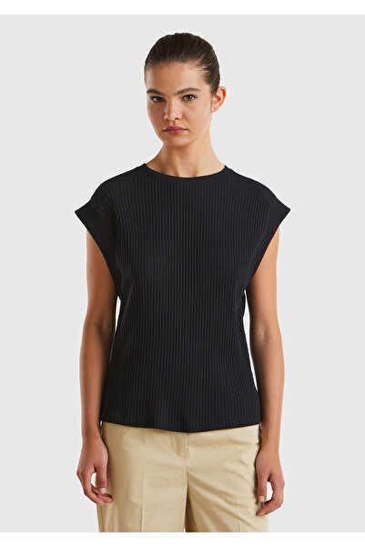 United Colors of Benetton Tricou de damă din bumbac elastic negru - cu nervur...