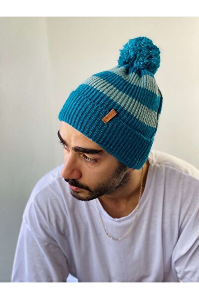 Retrobird Beretă unisex cu dungi cu pompon pentru femei Petrol