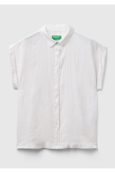 United Colors of Benetton Cămașă albă cu mânecă scurtă, 100% in, cu umeri