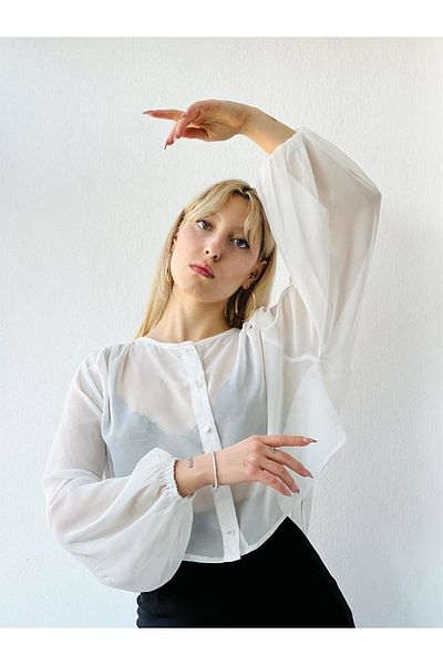 Retrobird Cămașă Linda din șifon scurtă cu mânecă lungă Femei Alb