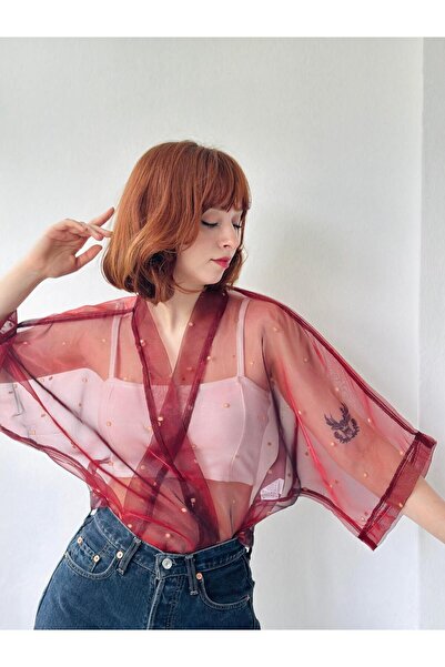 Retrobird Бордовий міні-кімоно - Дизайн з органзи для жінок