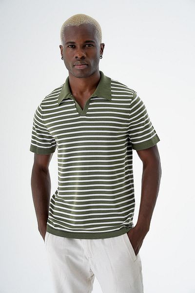 CHUBA Men's Striped Polo Collar Thin Knitwear T-shirt - Khaki White Regular Fit 24s263