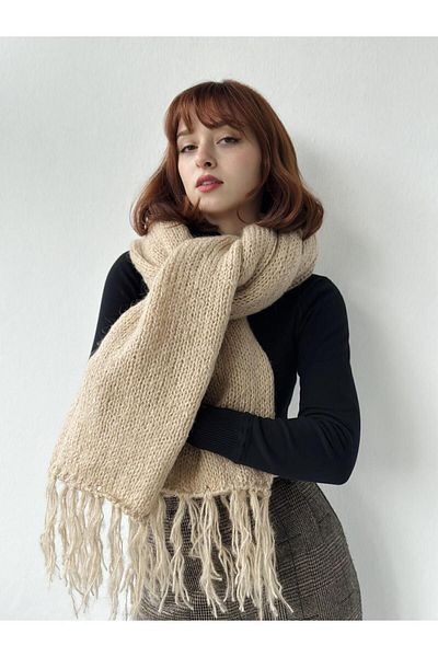 Retrobird Soft Textured Knitted Large Size Scarf Women Stone