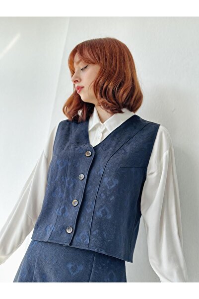 Retrobird Tasarım Jakarlı Yelek Kadın Koyu Lacivert