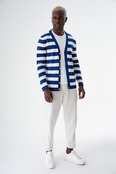 CHUBA Men's Line-Blocked Buttoned Standard Fit Cotton Knitwear Cardigan Navy-White 24S273