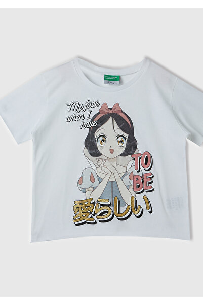 United Colors of Benetton Λευκό βαμβακερό μπλουζάκι με στάμπα για κορίτσια