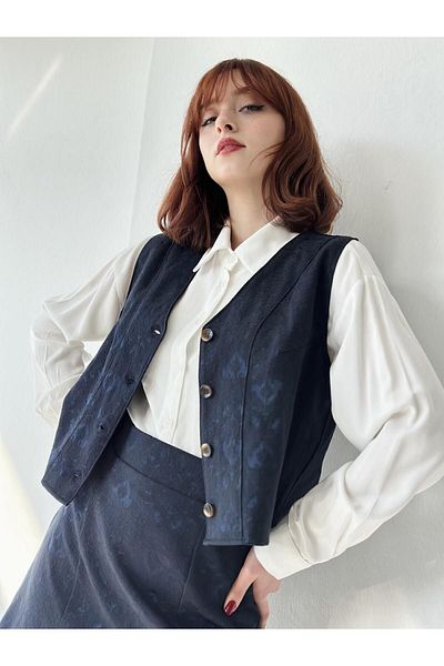Retrobird Design Jacquard Vest Women's Dark Navy Blue