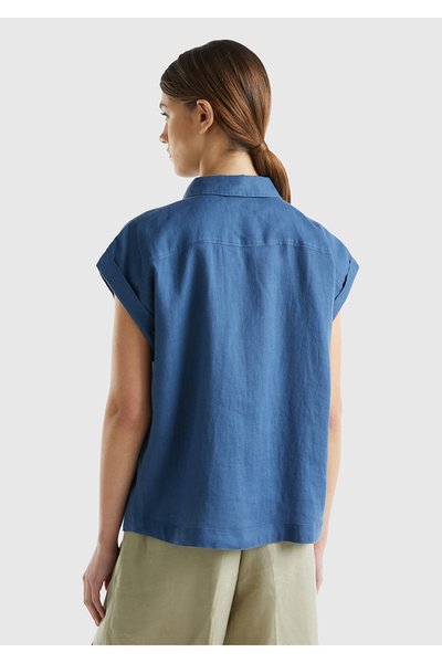 United Colors of Benetton Cămașă cu mânecă scurtă, albastru noapte, 100% in, pentru femei