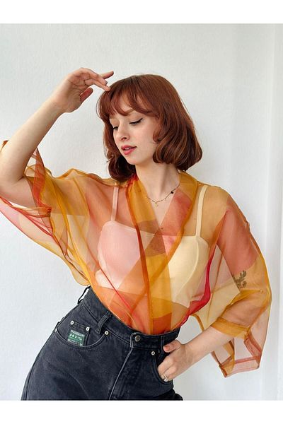 Retrobird Mini kimono portocaliu - Design din organza, damă