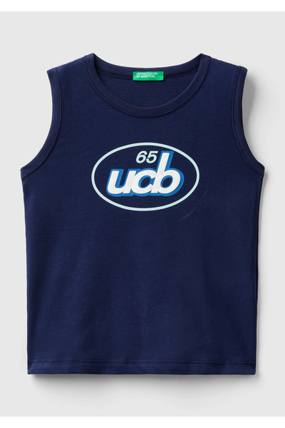 United Colors of Benetton Μπλουζάκι για αγόρι Navy Blue - Τυπωμένο λογότυπο, αφράτη λεπτομέρεια, αμάνικο