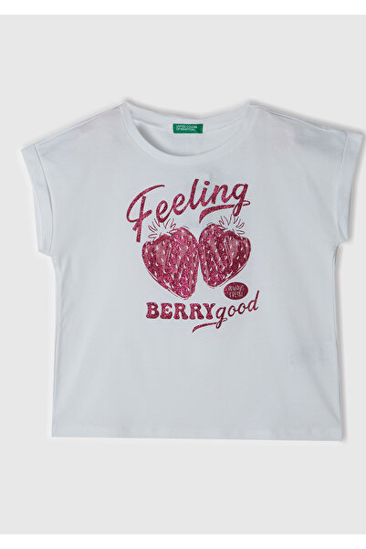 United Colors of Benetton Tricou pentru fete cu imprimeu grafic alb - mânecă ...