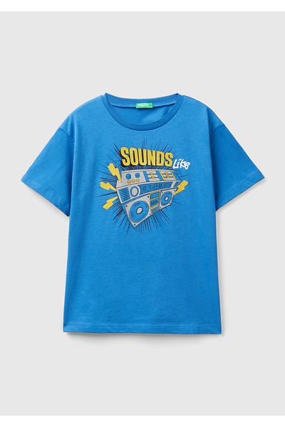 United Colors of Benetton Μπλουζάκι Boy - Saks Blue Shiny Slogan