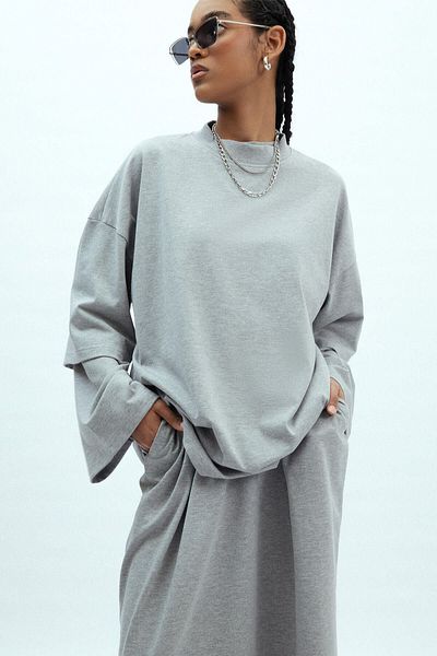 Manuka Grau-Melenj Oversize-Kurzarm-T-Shirt aus Baumwolle