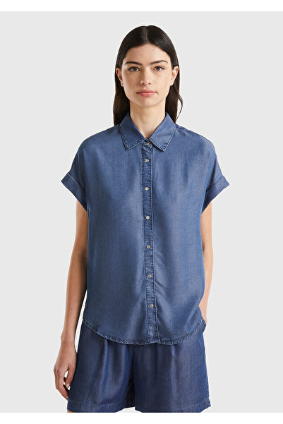 United Colors of Benetton Индиго дамска деним риза - 100% лиозел, дълъг къс ръкав
