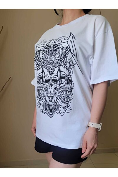 NEVEGE BUTİK Unisex Oversize Beyazz T-Shirt - Metallica Printed