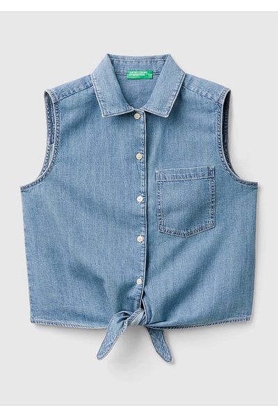 United Colors of Benetton Cămașă albastră din denim - 100% bumbac, buzunar plasat, fără mâneci