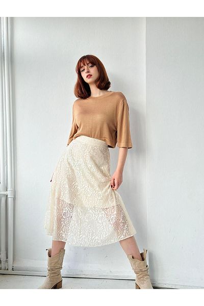 Retrobird Transparent Midi Length Lined Romantic Design Skirt Women's Cream