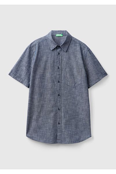 United Colors of Benetton Мъжка индигова дънкова риза с къс ръкав и джоб на гърдите, 100% памук