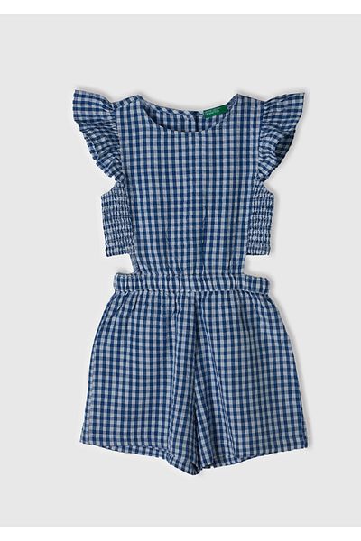 United Colors of Benetton Salopetă pentru fetiță cu imprimeu din denim deschis - Detaliu lateral decupat, lungime scurtă