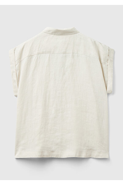 United Colors of Benetton Γυναικείο μπεζ 100% λινό πουκάμισο με λεπτομέρεια ώμου και κοντό μανίκι