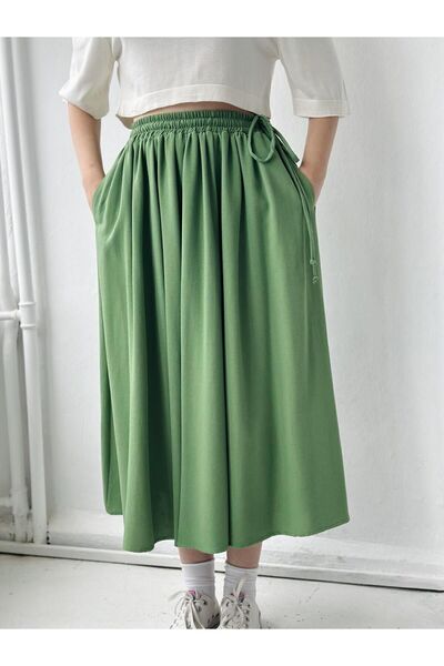 Retrobird Circle Flared Linen Midi Length Skirt Women Green