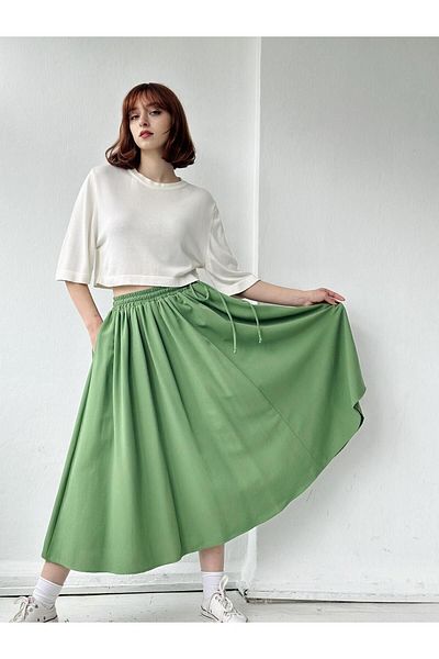 Retrobird Circle Flared Linen Midi Length Skirt Women Green
