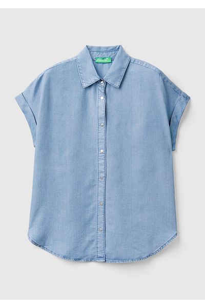 United Colors of Benetton Cămașă din denim cu mânecă scurtă, 100% liliac, albastră