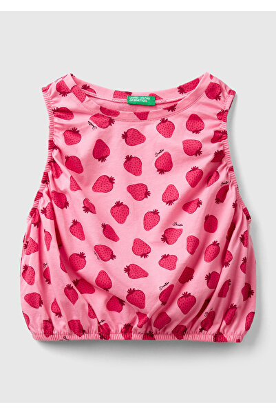United Colors of Benetton Kız Çocuk Kırmızı-Pembe Tamamı Desenli Kenarları Büzgülü Sıfır Kol T-Shirt